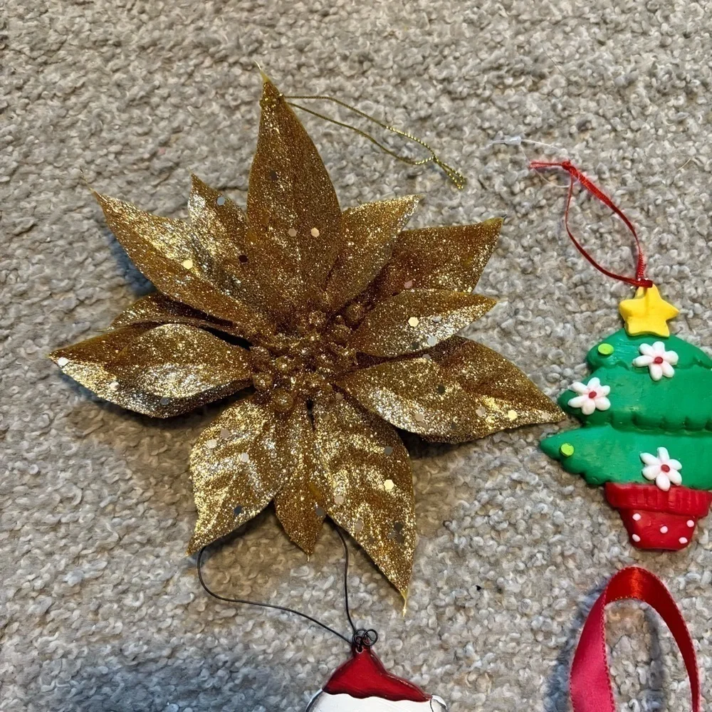 Christmas Ornament Bundle Gold Glitter Poinsettia Metal Jingle Ball Santa